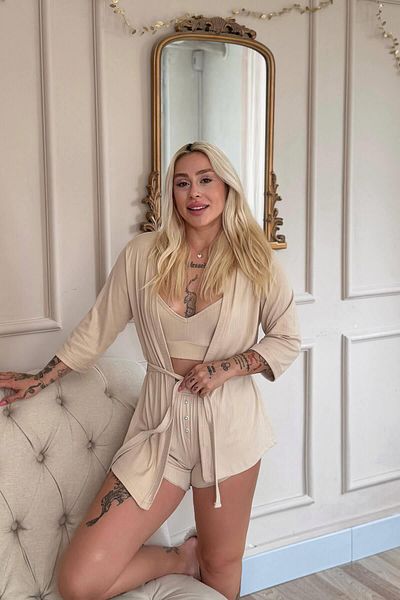 Pijamaevi Beige Dublin Bustier Women's Pajama Set with Dressing Gown