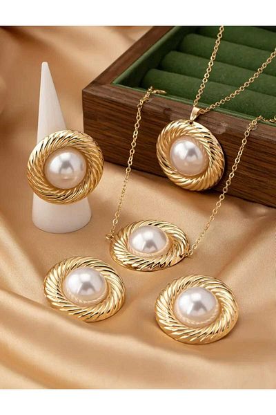beynaaksesuar Gold Plated Pearl Necklace Earrings Bracelet Ring Set Gift Set Gift for Lover Gift for Mom