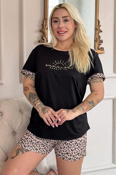 Pijamaevi Black Sunshine Patterned Bamboo Women's Pajama Set with Short Sleeve Shorts
