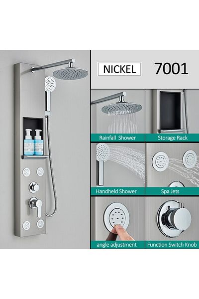Blackswan Design Shower panel, Blackswan, Type M7001 nickel model with shower head, storage shelf and SPA functions, 111 cm