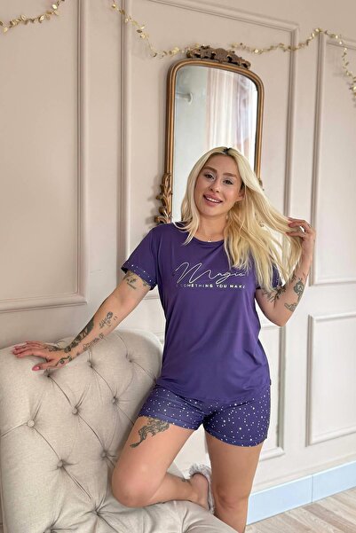 Pijamaevi Set de pijamale pentru femei cu pantaloni scurți din bambus cu mânecă scurtă cu model Magic Lilac