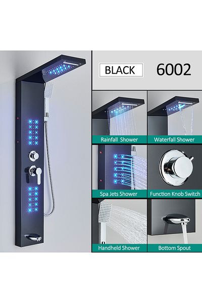 Blackswan Design Shower panel, Blackswan, Type M6002, black model with spout, LED and SPA functions, size 121 cm
