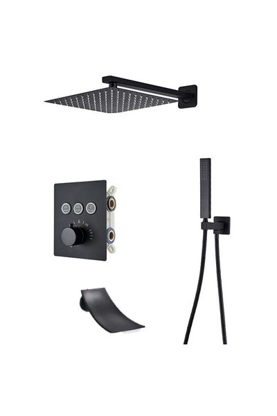 Blackswan Design Set baterie dus, Blackswan, Tip M155, negru, iluminare LED, termostat si pipa cascada, 40 cm