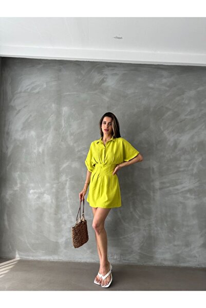 LORE MİEL Fıstık Yeşili Kısa Keten Elbise