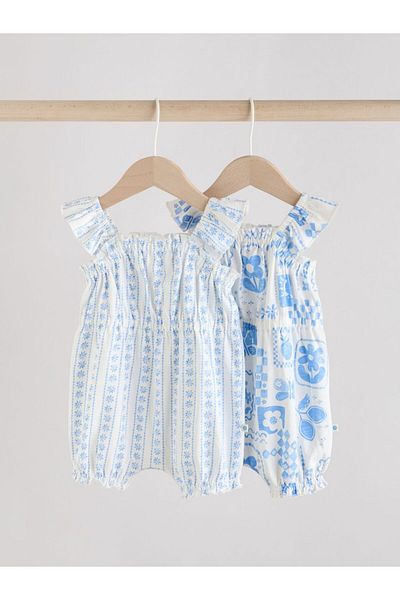 Next Baby 100% Cotton Blue Floral Patterned Straps Set of 2 Romper