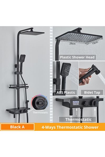 Blackswan Design Shower column, Blackswan, Type M212, black, thermostat, mobile spout, LCD display, pressure shower, 116 cm