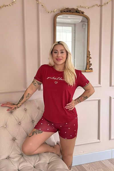 Pijamaevi Burgundy Grateful Heart Patterned Bamboo Short Sleeve Women's Shorts Pajama Set