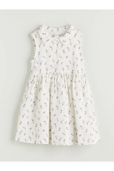 LC Waikiki LCW Kids Ecru Crew Neck Floral Mädchenkleid