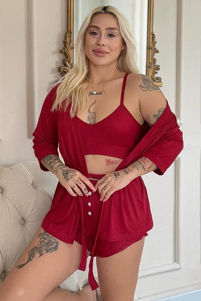 Pijamaevi Claret Red Dublin Bustier Women's Pajama Set with Dressing Gown