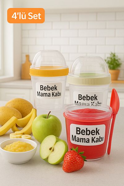 UGA İthalat 4 Pieces Portable 500 ml Baby Food Storage Snack Container with Chamber, Plastic, Leakproof