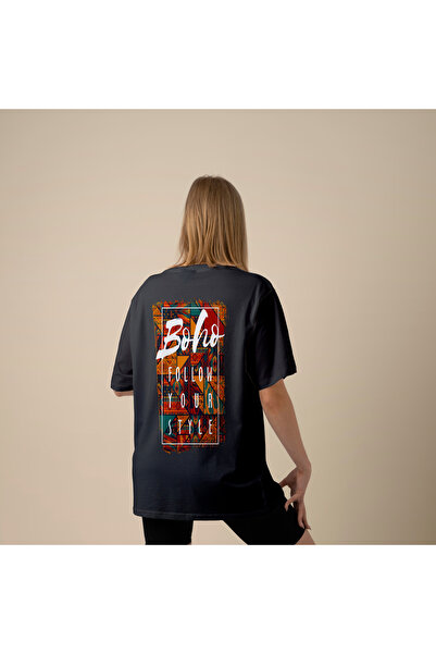 Zestia Unisex T-Shirt, Boho Vibe Back Printed, Regular, 100% Cotton, Anthracite T-Shirt No: 0260