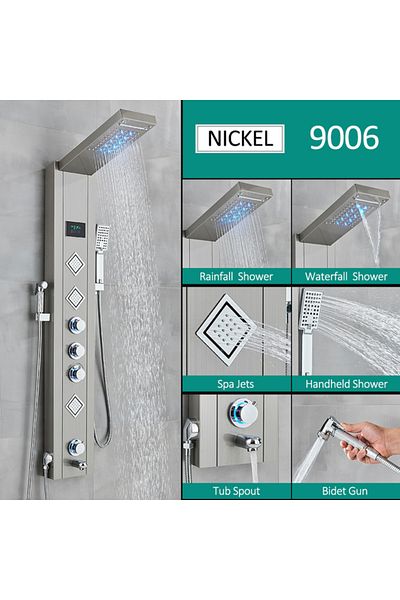Blackswan Design Panel dus, Blackswan, Tip M9006 nichel, LED, afisaj digital, pipa, dus bideu si functii SPA, 121 cm