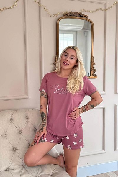 Pijamaevi Powder Smile Everyday Patterned Bamboo Short Sleeve Women's Shorts Pajama Set