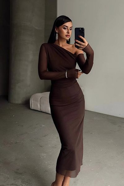 Varyete Women's Sheer Tulle Sleeves Lined Off-The-Shoulder Draped Midi Evening Dress