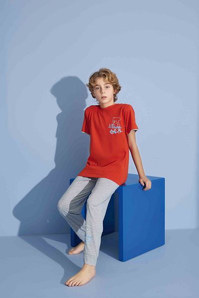 Tarık Boy's T-Shirt Long Bottom Combed Single Jersey Crew Neck Medium Thick Pajama Set-3928