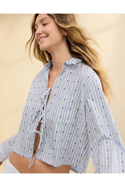 AMERICAN EAGLE Aerie Off-Duty Poplin Tie Front Pajama Shirt