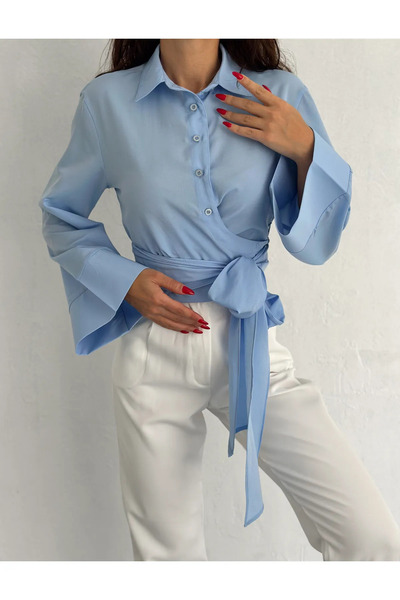 GOOD&DESS Cămașă de damă albastră cu mânecă spaniolă cu curea în talie