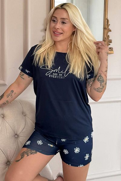 Pijamaevi Navy Blue Smile Everyday Patterned Bamboo Short Sleeve Women's Shorts Pajama Set
