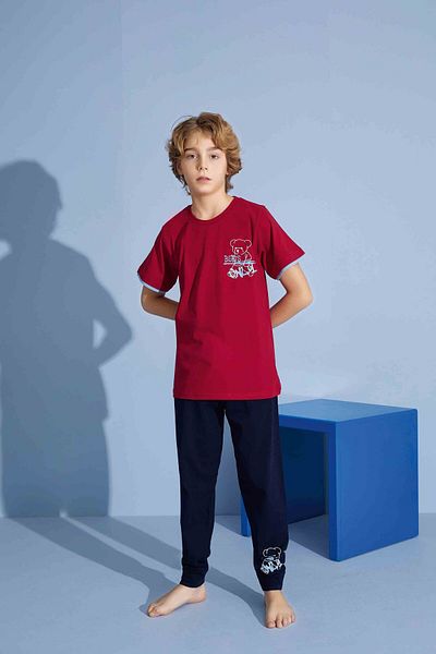 Tarık Tricou pentru băiat, cu fund lung, din bumbac pieptănat, cu decolteu, set de pijamale de grosime medie-3928