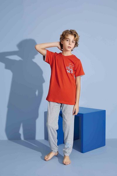 Tarık Boy's T-Shirt Long Bottom Combed Single Jersey Crew Neck Medium Thick Pajama Set-3928