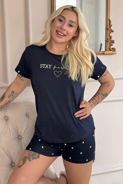 Pijamaevi Navy Blue Stay Positive Patterned Bamboo Short Sleeve Women's Shorts Pajamas Set