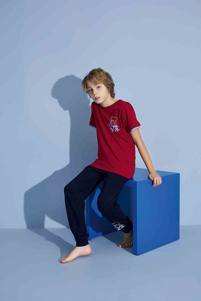 Tarık Tricou pentru băiat, cu fund lung, din bumbac pieptănat, cu decolteu, set de pijamale de grosime medie-3928