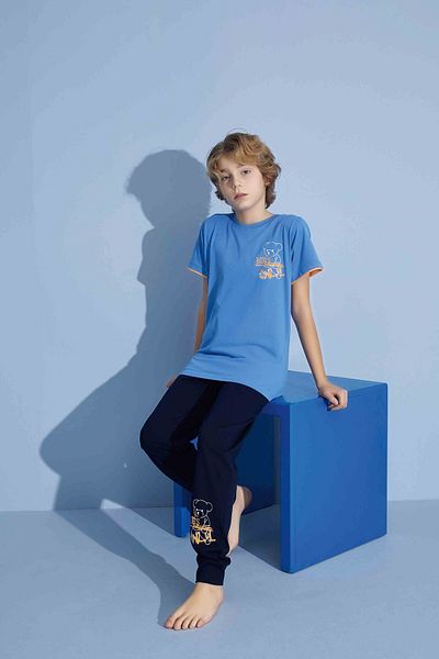 Tarık Tricou pentru băiat, cu fund lung, din bumbac pieptănat, cu decolteu, set de pijamale de grosime medie-3928