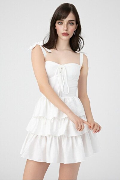 BERFUĞ KIRAN Beyaz Göğüs Detaylı Omuzdan Bağlamalı Elbise