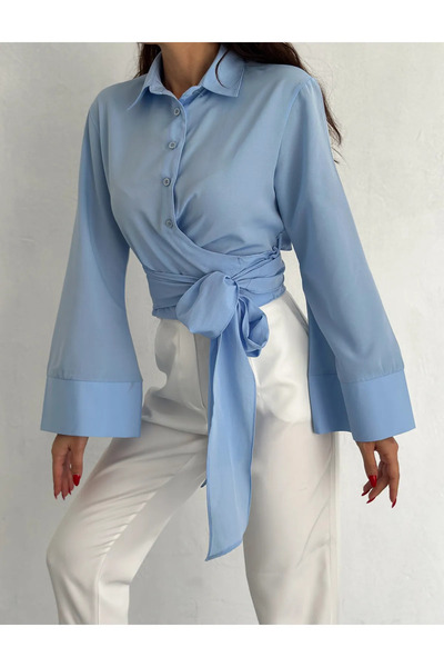 GOOD&DESS Cămașă de damă albastră cu mânecă spaniolă cu curea în talie