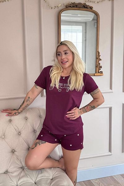 Pijamaevi Plum Good Energy Patterned Bamboo Short Sleeve Women's Shorts Pajamas Set