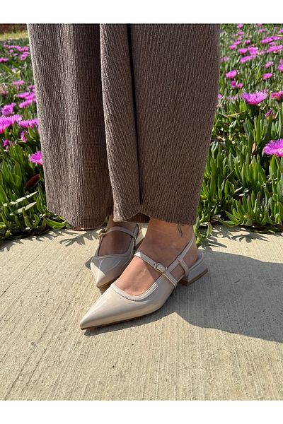 BURCU COLLECTİON Carmen Pointed Toe Belt Detailed Short Heeled Beige Patent Leather Women's Ballerinas