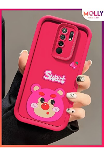 Molly Xiaomi Redmi 9 İçin Magenta Kenarları Kalın 3d Kabartmalı Çilek Ayı Sil...