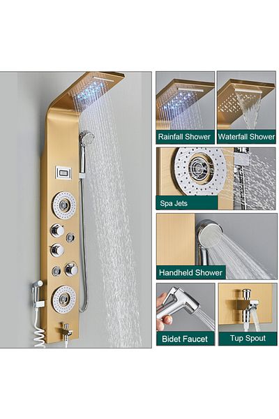 Blackswan Design Shower panel, Blackswan, Type M8006, gold, digital display, LED and SPA functions, bidet shower, 120 cm