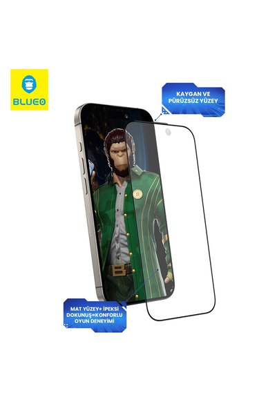 BLUEO Anti-Glare Mat iPhone 15 Pro Max Uyumlu Net Görüş Pro Gamer Oyuncu Hızlı Tepkime Cam Ekran Koruyucu