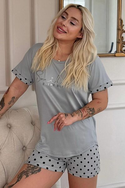 Pijamaevi Gray Black Point Smile Everyday Patterned Bamboo Short Sleeve Women's Shorts Pajama Set