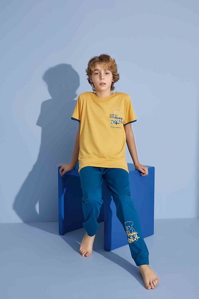 Tarık Boy's T-Shirt Long Bottom Combed Single Jersey Crew Neck Medium Thick Pajama Set-3928