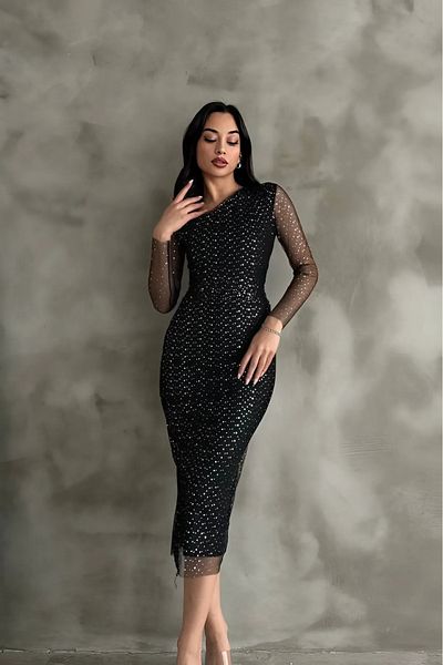 Varyete Women's Black Polka Dot Detail Transparent Tulle Sleeves Lined Off-The-Shoulder Draped Midi Evening Dress