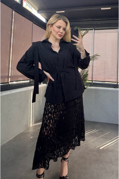 MİR STORE Black Design Seersucker Fabric Shirt with Lacing Detail