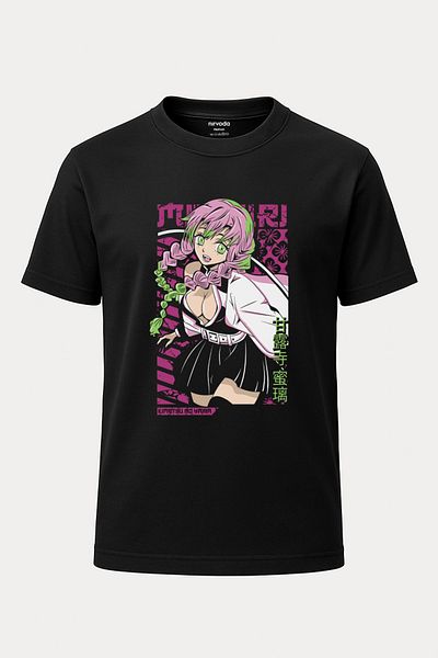nirvoda Demon Slayer Mitsuri Imprimat Loose Fit Crew Deck Tricou Unisex Anime Manga Negru