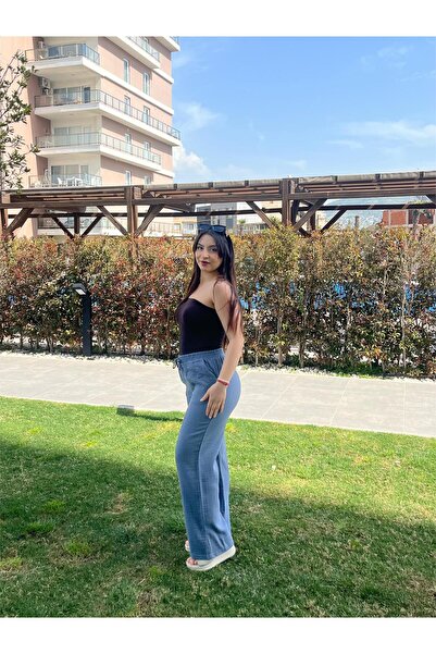 ELSEBUTİKTR Women's Muslin Waist Lace-Up Double Pocket Smoke Blue Color Summer Trousers