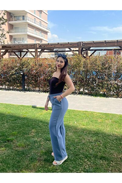 ELSEBUTİKTR Women's Muslin Waist Lace-Up Double Pocket Smoke Blue Color Summer Trousers