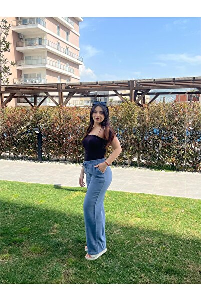 ELSEBUTİKTR Women's Muslin Waist Lace-Up Double Pocket Smoke Blue Color Summer Trousers