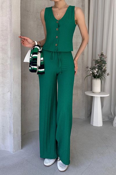 bacc Green V-Neck Buttoned Vest and Pants Set Bcdf-252190-1