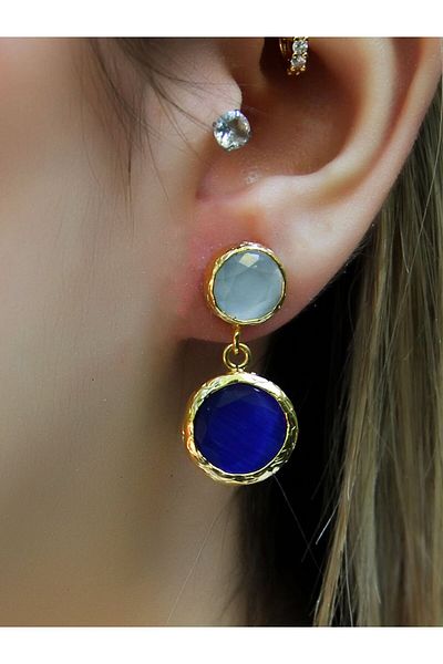 esha Double Round Model Cat's Eye Glass Gold Plated Women's Earrings Euku25Bm
