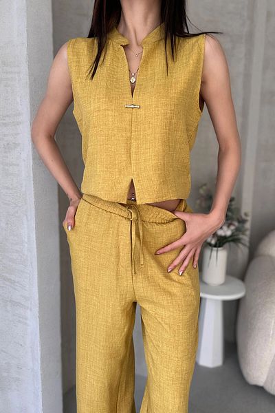 bacc Yellow Aerobin Linen Judge Collar Accessory Blouse and Pants Bottom Top Set Bcdf-25S1008