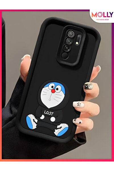 Molly Xiaomi Redmi 9 İçin Siyah Kenarları Kalın 3d Kabartmalı Sevimli Doraemo...