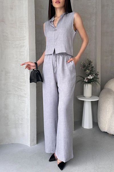 bacc Gray Aerobin Linen Judge Collar Accessory Blouse and Pants Bottom Top Suit Bcdf-25S1008