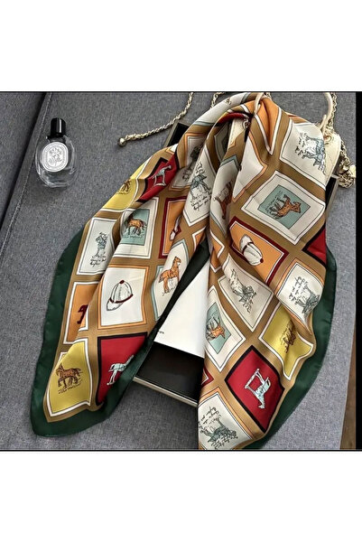 Zess store Foulard Grid Horse Print Square Scarf Simulated Silk Neck Scarf Stylish Sunscreen Head Scarf for Women