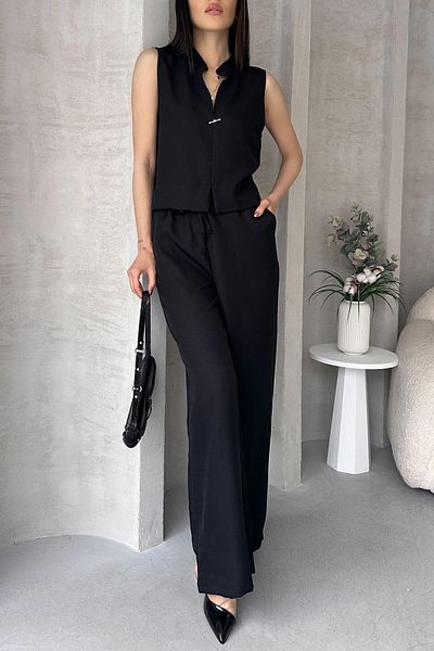 bacc Black Aerobin Linen Judge Collar Accessory Blouse and Pants Bottom Top Suit Bcdf-25S1008