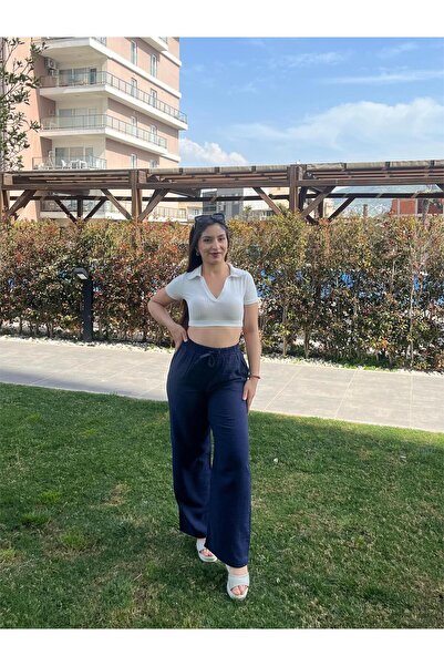 ELSEBUTİKTR بنطلون صيفي نسائي من الموسلين ذو أرجل واسعة ورباط باللون الأزرق ا...